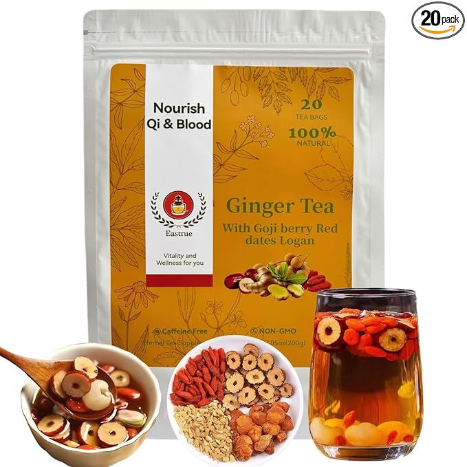 Eastrue Ginger Jujube Tea for Women-Traditional Chinese Herbal Tea Blend Ginger Root,Red Dates,Goji Berry,Longan, Sweet & Spicy,Caffeine Free Tea,Organic,Non-GMO,100% Natural (200g/20Bags)