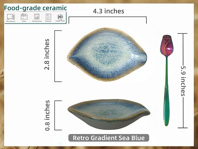 Coffee Spoon and Rest for Coffee Bar Accessories, Leaf Small Spoon Rest for Coffee Station, Tea Spoon Rest Tea Spoon Holder Teaspoon Rest, 1 PC (Retro Sea Blue with Rainbow Rose Spoon)