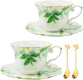 TATSUMI Country Roses Bone China Tea Cup and Saucer Set, 6 Pieces, Vintage Style, For Women and Tea Parties（Green，2 sets）