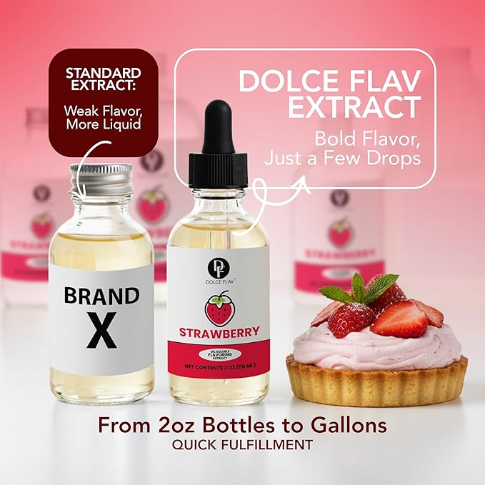 Dolce Flav Strawberry Extract – 2 Ounce Oil-Soluble Kosher, Sugar-Free, Concentrated Berry Flavor for Candy, Chocolates & Desserts, Includes Measured Dropper