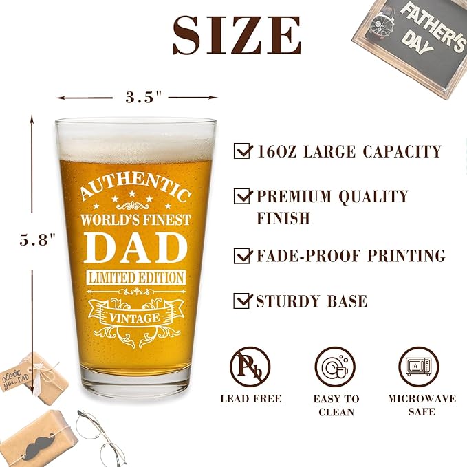 Birthday Gifts for Dad from Son Daughter, Funny Beer Glasses for Dad Husband, Best Dad Ever Gifts, 16 oz Glass Drinking Cup, Christmas Thanksgiving Retirement Sentimental Gift for Father
