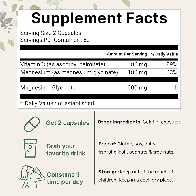 Pure Magnesium Glycinate 1,000mg, 300 Capsules | 100% Chelated for Max Absorption | Support for Sleep, Muscle, Heart & Nerve Health* | Enhanced with Vitamin C | Only Uses Active Ingredients