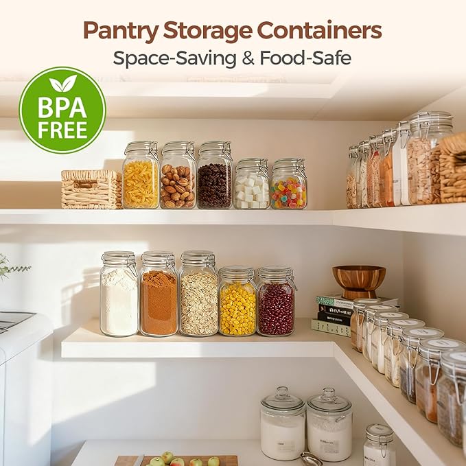 ComSaf 27oz Airtight Glass Canisters with Lids Set of 6, Square Food Storage Jar Container with Clamp Lids for Kitchen Canning Cereal Coffee Pasta Sugar Beans Spice, Clear Mason Jars with 12 Labels