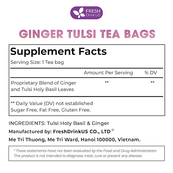 FreshDrinkUS, Premium 35 Ginger Tulsi Tea Bags, 100% Natural, Hand-made Blend of Ginger and Tulsi Holy Basil Leaves, Eco-conscious Tea Bags. Herbal Tea. No Sugar, No Caffeine, Vegan.