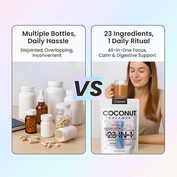 23 in 1 Superfood Coffee Creamer, Mushroom Coconut Creamer | Ashwagandha, Magnesium Glycinate, Hyaluronic Acid, MCT & 10 Mushrooms Supplement | Nootropic & Focus Support | Plant-Based, Keto - 6.35oz