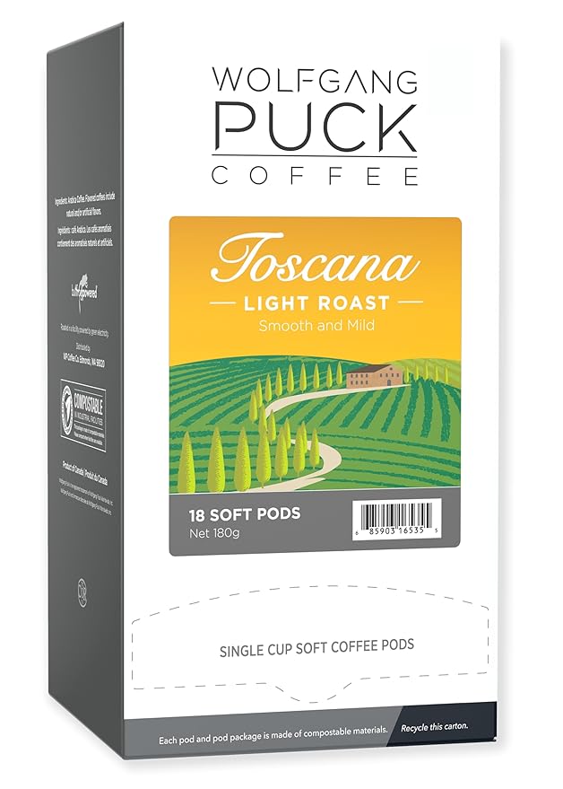 Wolfgang Puck Coffee, Toscana, 9.5 Gram Soft Pods, 18 Count (Pack of 1)