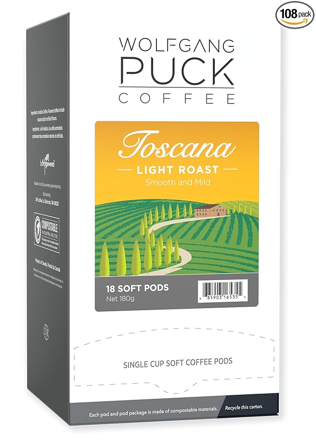Wolfgang Puck Coffee, Toscana, 9.5 Gram Soft Pods, 18 Count (Pack of 6)