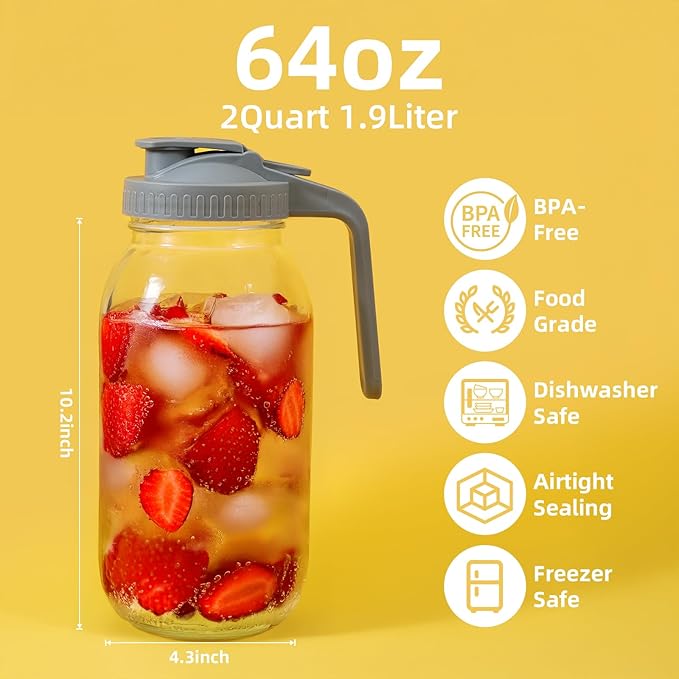 Glass Mason Jar Pitcher - 64 oz/2 Quart Wide Mouth Jug with Lid and Pour Spout, Airtight Seal, Leak Proof Iced Tea Pitcher for Sun Tea, Juice, Breast Milk, Cold Beverages, Coffe