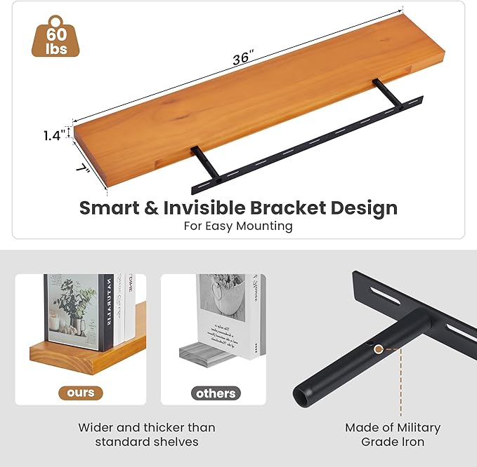 Fun Memories Wood Floating Shelves Set of 2, Rustic Pine Wood Floating Shelves for Wall Mounting, Wide Wall Shelf for Home Decor and Storage, 36" W x 7" D, Honey Oak