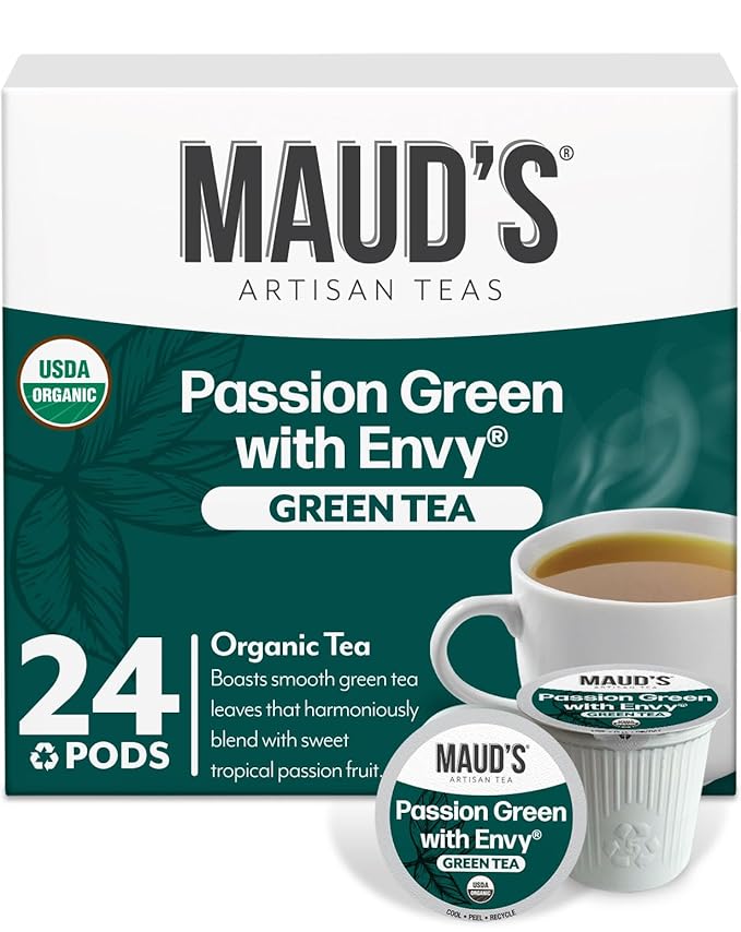 Maud's Organic Passion Green Tea Pods, 24 ct, Recyclable Single Serve Tea Pods – 100% Gourmet Blended Tea Leaves, Compatible with Keurig K Cups Maker