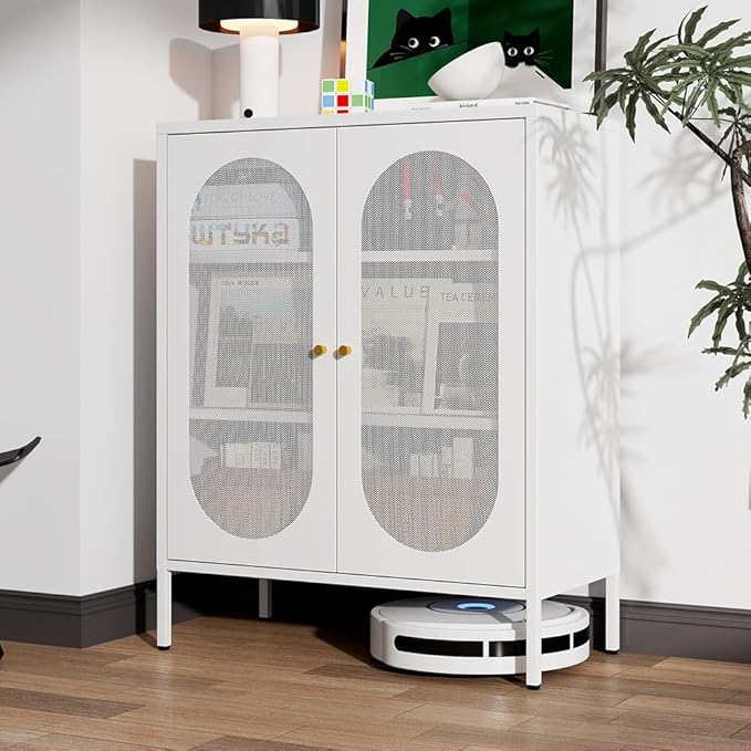 Small Cabinet with 2 Mesh Doors，Small White Cabinet with High Feet, Metal Pantry with Adjustable Shelf, Sideboards for Room, Office, Living Room,Dining Room,Sideboard, Hallway and Entryway