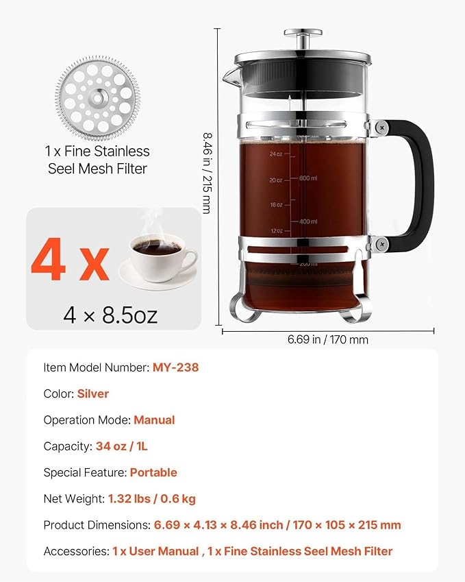 French Press Coffee Maker, 34oz Borosilicate Glass, Stainless Steel Filter