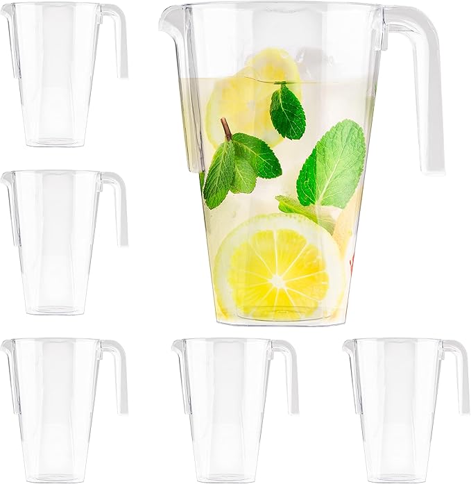 MATANA 6 Pack Clear Water Pitchers - 52 oz Acrylic Plastic Beer Pitcher with Handle for Drinks, Juice, Lemonade, and Beverages - BPA-Free and Durable Iced Tea Pitcher for Fridge, Home, & Party