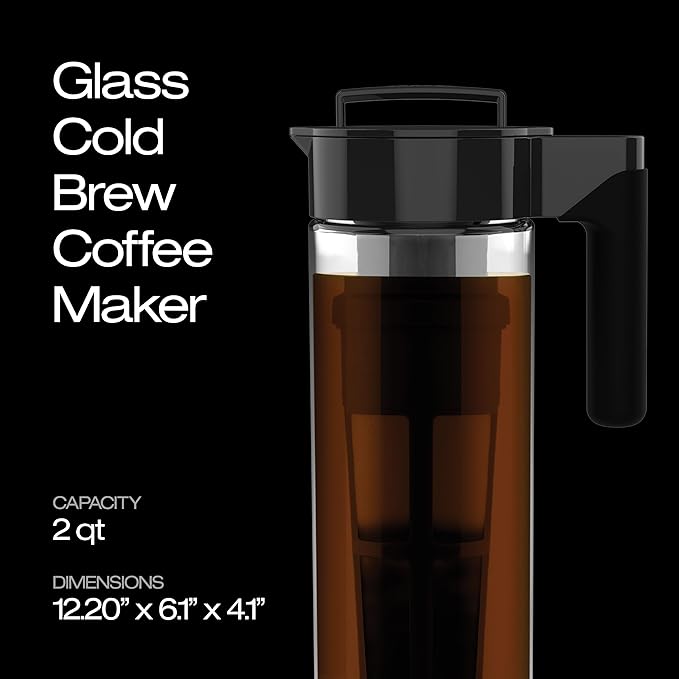 Takeya Glass Cold Brew Coffee Maker for Iced Coffee, Airtight Pitcher, Premium Quality, 2 Quart, Black Lid and Handle