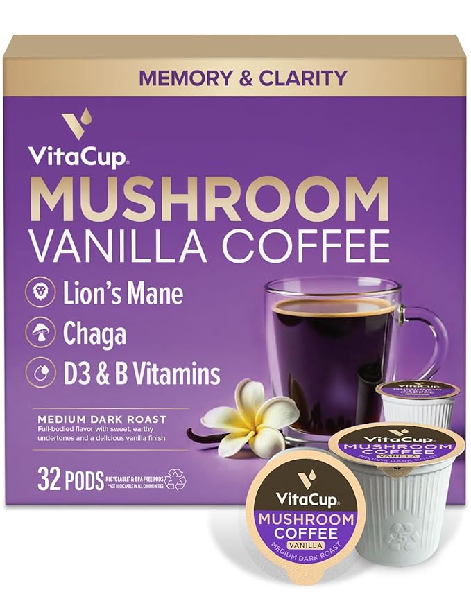 VitaCup Focus Mushroom Coffee Pods, Vanilla Flavored Coffee with Chaga, Lion’s Mane, Vitamins, Medium Dark Roast Arabica Beans, Recyclable Single Serve Pods Compatible with Keurig K-Cup Brewers, 32 Ct