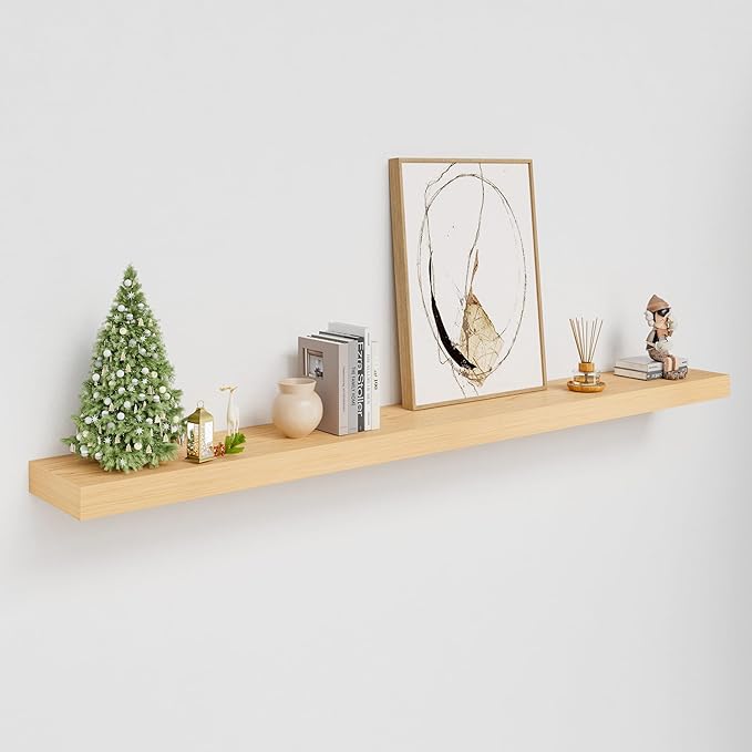 White Oak Floating Shelf for Wall, 60 Inch Long Fireplace Mantel, 2 Inch Thick Floating Shelf Wall Mounted, 8 Inch Deep Wood Shelves for Kitchen Living Room Bedroom Bathroom, 50LBS Capacity