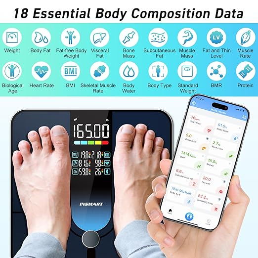 INSMART Smart Scale for Body Weight, Large Display Body Fat Scale, Accurate Weight Scale Digital Bluetooth Bathroom Scale for BMI Heart Rate, 18 Body Composition Analyzer with Fitness APP Sync, 500lbs