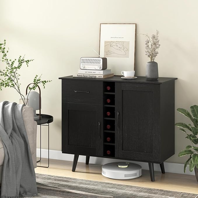 Buffet Cabinet with Storage, Liquor Cabinet w/ 6-Bottle Wine Rack, 1 Drawer & 2 Doors, Wood Buffets & Sideboards, Farmhouse Coffee Bar Table for Kitchen, Dining Living Room, Entryway (Black)