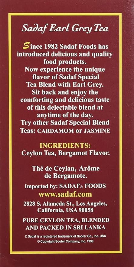 Sadaf Earl Grey Tea Loose Leaf Box 16 oz - Special Blend Earl Grey Ceylon Black Tea - Product harvested in Sri Lanka