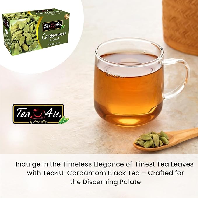Tea4U Flavored Black Ceylon TeaBags (Cardamom) - Ideal Quality from Sri Lanka's Finest Leaves and Expertly Blended - 25 Count