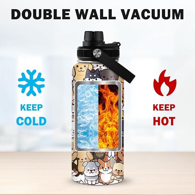 32 oz Insulated Water Bottle, Stainless Steel Water Bottles, Sports Travel Bottles, Cute Dogs Water Bottle Gifts for Men Women Dog Lovers (1pcs)