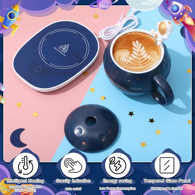Astronaut Coffee Mug Warmer 13.5 oz Space Planet Ceramic Mug with Lid Spoon Electric Tea Beverage Cup Warmer for Winter Christmas New Year Birthday Gift