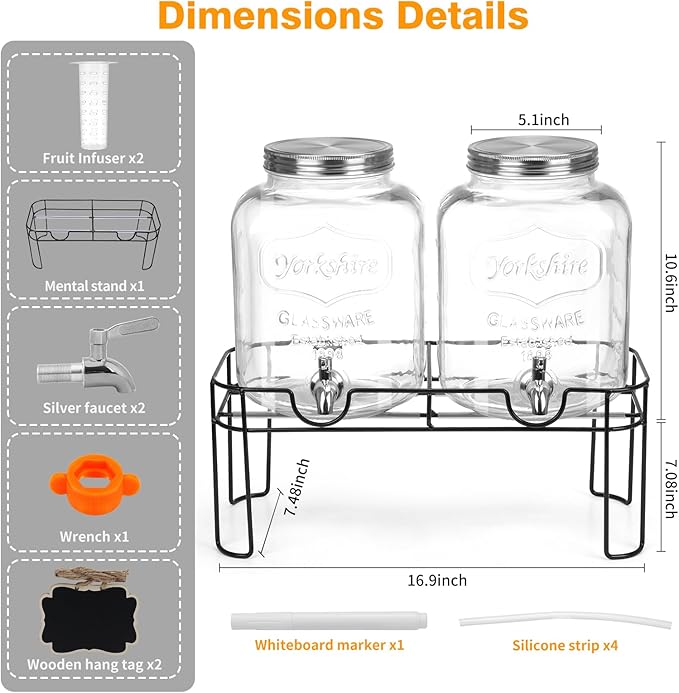 1.6 Gallon Glass Drink dispenser, 2 PCS Beverage Dispenser With Stand, Lemonade Dispenser with Stainless Steel Spigot,Drink Dispensers for Parties,Weddings, Picnic