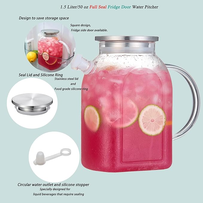 Purefold 1.5 Liter/50 oz Water Pitcher with Full Seal Lid and Spout, High Borosilicate Glass Jug, Leakproof Fridge Door Carafe for Iced Tea, Coffee, Juice, Milk Beverage