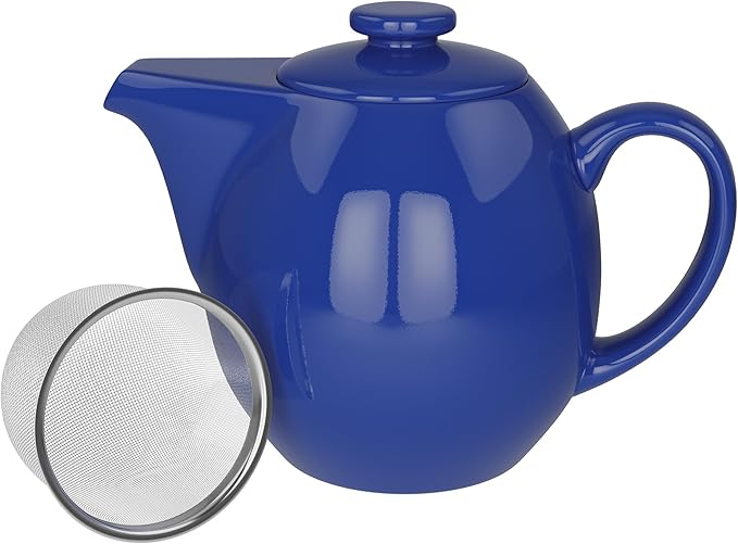 OmniWare 24 Ounce Teapot with Removable Stainless Steel Infuser (Simply Blue) - Loose Leaf Tea Brewer, Microwave & Dishwasher Safe, Retro-Inspired Stoneware for Kitchen & Dining
