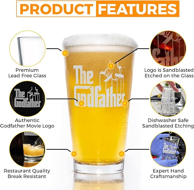 The Godfather Etched Pint Beer Glass - Officially Licensed, Premium Quality, Handcrafted Glassware, 16oz. Set of 4 - Perfect Collectible Gift for Movie Lovers, Birthdays & Special Occasions