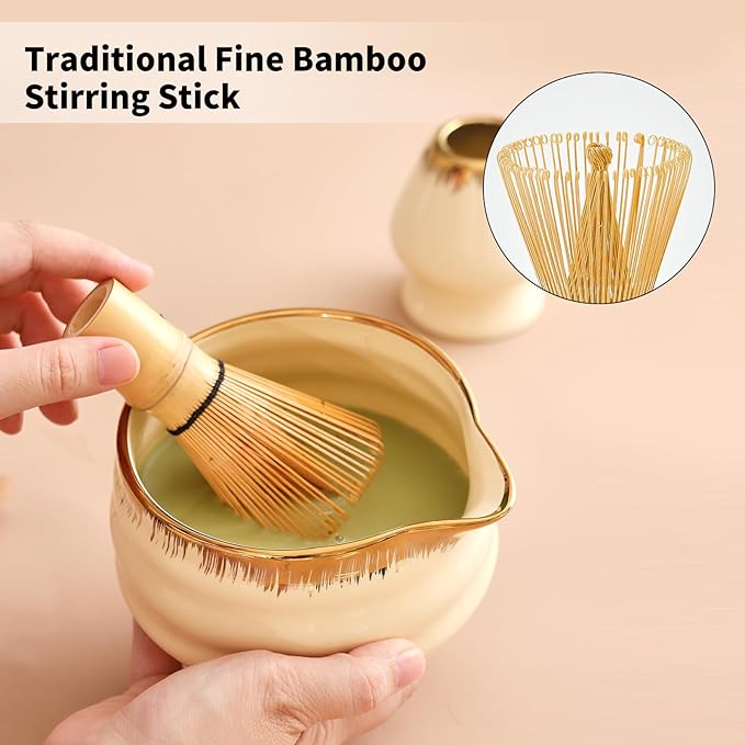 7-Piece Matcha Whisk Set – Yellow Spouted Ceramic Bowl with Golden Texture + Bamboo Whisk, Ceremonial Matcha Kit for Breakfast/Latte, Starter Tea Tools for Matcha Lovers