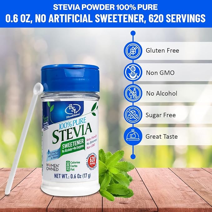 BSL 100% Pure Stevia Extract Powder Without Erythritol 0.6 Oz, No Artificial Sweetener, 620 Servings | Zero Calorie & Keto Friendly, Pure Stevia Powder
