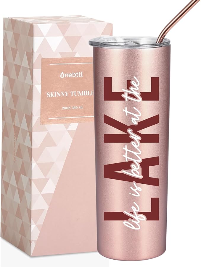Onebttl Lake House Gifts for Women, 20oz Stainless Steel Insulated Tumbler, Housewarming Gifts for Lake Lovers - Rose Gold, Life is Better at the Lake 02