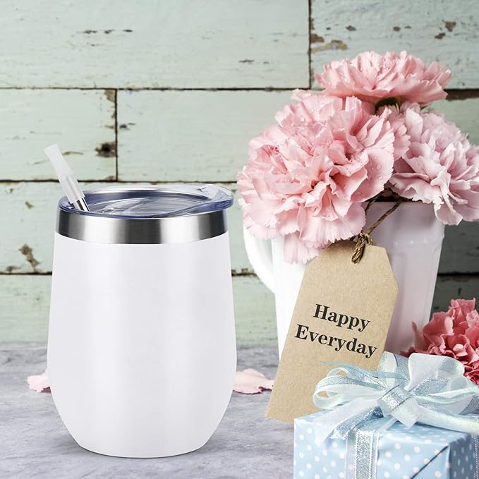6 Pack Stainless Steel Wine Tumblers, 12Oz Insulated Wine Tumbler, Double Wall Insulated Wine Glass, Stainless Steel Stemless Wine Cups with Lids for Coffee, Wine, Cocktails, Champaign, White