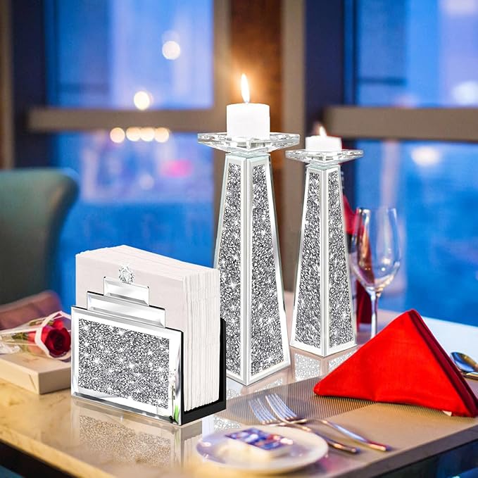 Wocred Mirror Napkin Holder,Crystal Crushed Diamond Vertical Holder,Cute Tissue Holder Holds Napkins Upright for Bathroom，Dining Table，Kitchen Table.(6.8”X5.9”X3”)