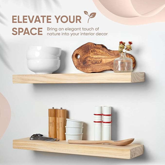 Homeforia 24 inch Wood Floating Shelves, High End Solid Natural Wood 24inch Floating Shelf for Wall, Unfinished Wooden 24 inches Floating Shelves, Heavy Duty Bracket, 24 X 6.5 X 1.75 in, Set of 3