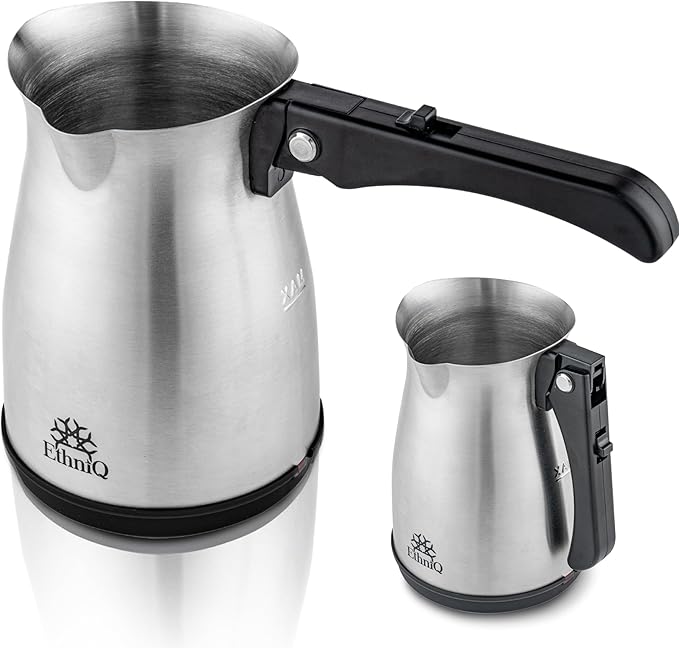 ETHNIQ Turkish Coffee Pot - Stainless Steel, 120V, 1 to 4 Cup Capacity, Fast Brewing, Delicious Cup of Turkish, Arabic & Greek Coffee Maker with Foldable Handle for Home & Travel & on-off Button