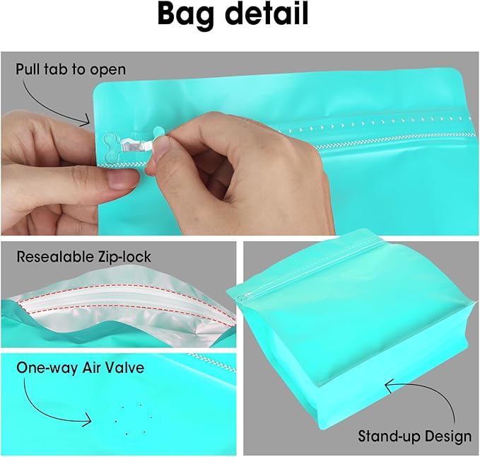 50 Count 8oz Coffee Bags with Valve,1/2 lb Vented Coffee Beans Packaging Bags High Barrier Aluminumed Foil Flat Bottom Heat Sealed Side Zipper Resealable Storage Bag for Home or Business（Blue）