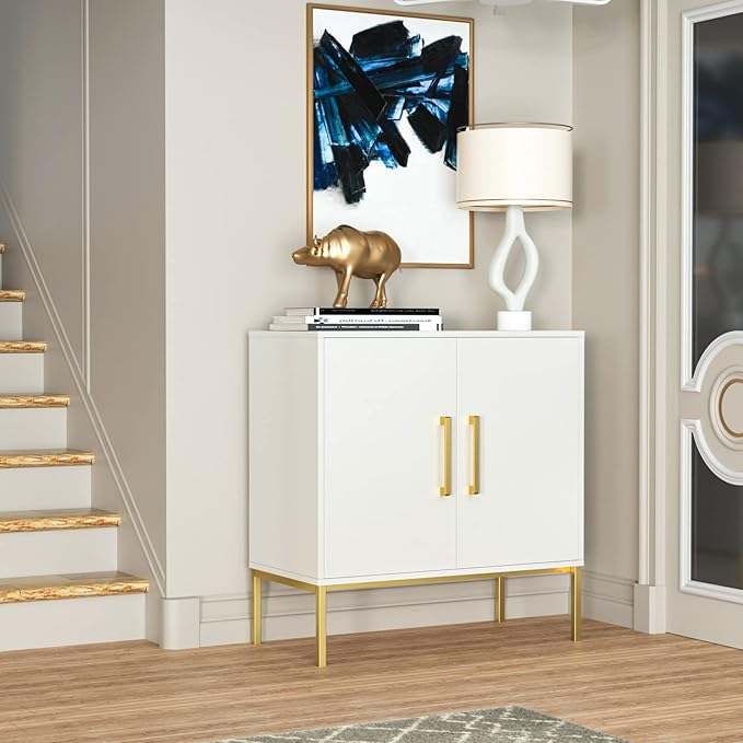 JOZZBY Buffet Sideboard Cabinet with Storage, Modern Wooden Cabinet with Adjustable Shelves, White and Gold Cabinets for Living Room, Kitchen, Hallway