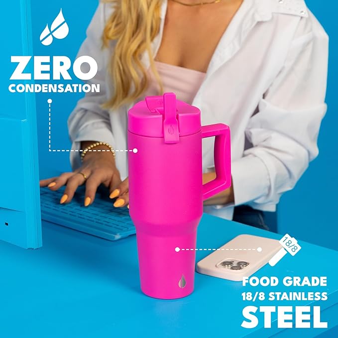 Elemental 32 oz 100% Leak Proof Tumbler with Handle & Straw - Stainless Steel Double Wall Insulated Tumbler for Hot and Cold Beverages - Travel Coffee Mug with Sip & Straw Lid - Hot Pink