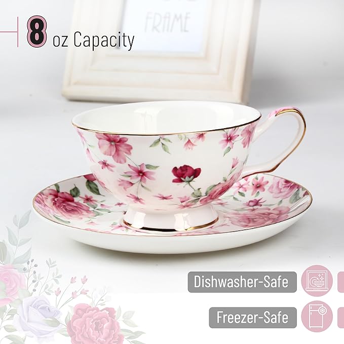 BTaT- Floral Tea Cups and Saucers with Gift Box, 8oz, Tea Cups Set of 6, Cup & Saucer Sets, Christmas Gifts