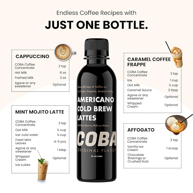 COBA Premium Coffee Concentrate – Bold & Extra Strong Cold Brew & Hot Coffee | 20 Cups per Bottle | Fair Trade Organic Medium Roast | Instant Iced Americano Latte | Dairy Free, Vegan, Gluten Free (Sweet Mint)