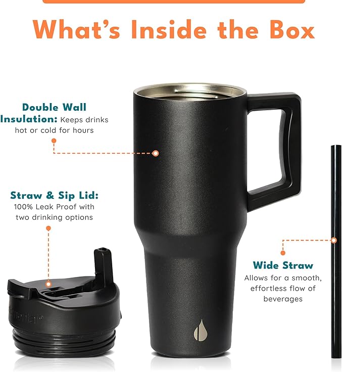 Elemental 32 oz 100% Leak Proof Tumbler with Handle & Straw - Stainless Steel Double Wall Insulated Tumbler for Hot and Cold Beverages - Travel Coffee Mug with Sip & Straw Lid - Black