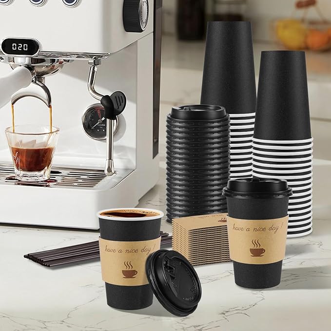 100 Pack 12 oz Coffee Cups with Lids, Disposable To Go Paper Coffee Cups with Sleeves and Stirring Sticks for Hot/Cold Drinks Office Home Shop Event (Black)
