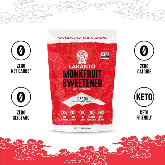 Lakanto Monk Fruit Sweetener With Erythritol, White Sugar Substitute From Monk Fruit Extract, Classic White Sugar Replacement for Baking, Coffee & Tea, Gluten Free, Low Carb, Non GMO, Keto, 5 LB Bag