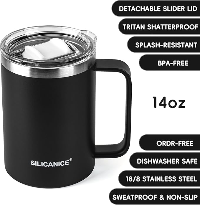 14/24oz Insulated Coffee Mug Cup With Handle, 304 Stainless Steel Vacuum Insulation, Tritan Detachable Slider Lid, BPA Free, Dishwasher Safe - Office & Home - Black