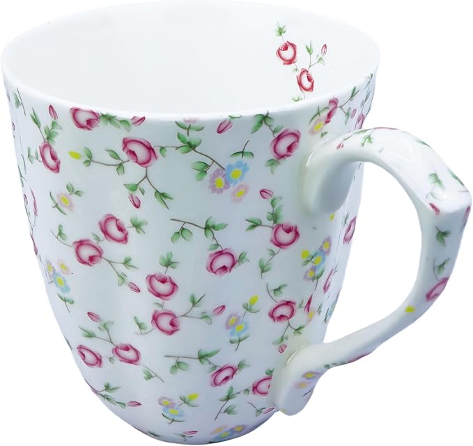 14oz Bone China Coffee Mug Floral Bone Mug Cute Coffee Mug Teacup for Women Mom Friend (small pink rose)
