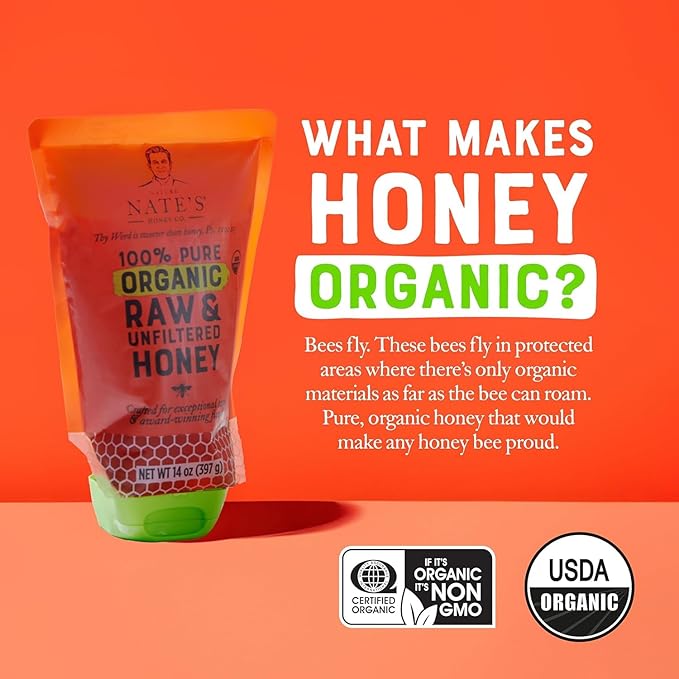 Nature Nate's 100% Pure USDA Organic Raw & Unfiltered Honey, 14 oz. No-Drip Sustainable Squeeze Pouch; Purity Guarantee, No Additives