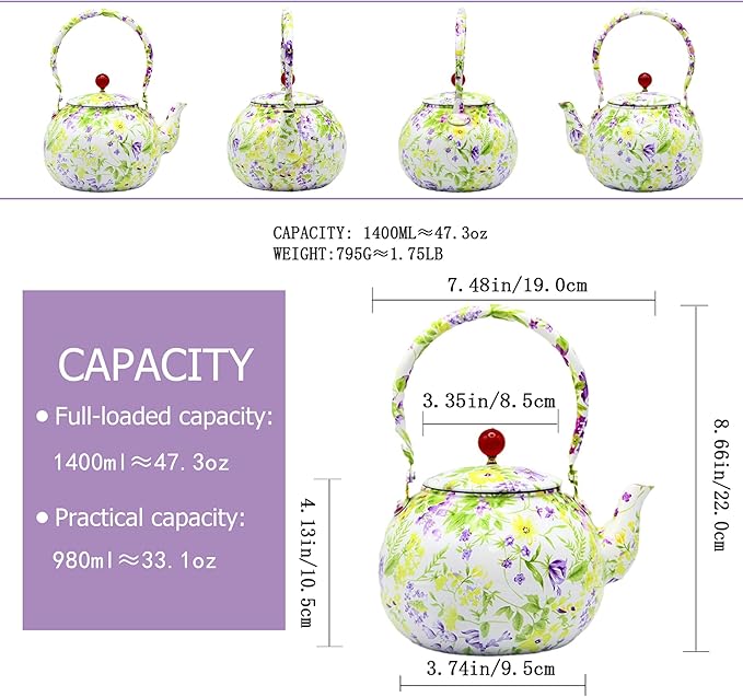 True Pure Copper Tea Kettle For Stovetop Safe, 47.3oz Non-Coating Copper Teapot with Tea Ball For Loose Leaf, Elegant Flower Pattern Kettle, Exquisite Tea Set Gift (1400ml)