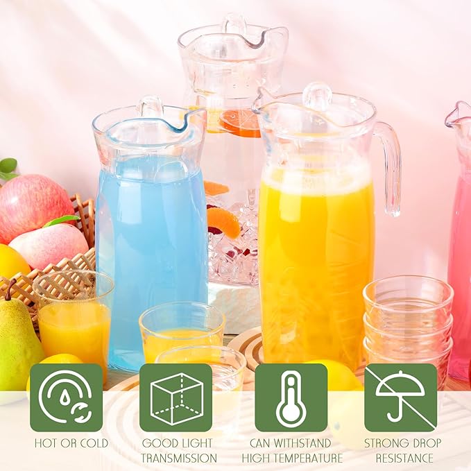 4 Pcs Acrylic Water Pitcher with Lid, Spout Handle Clear Plastic Pitcher Heat Resistant Carafe Unbreakable Beverage Container Fridge Jug for Juice Ice Tea Sangria Lemonade(44 oz,Diamond)